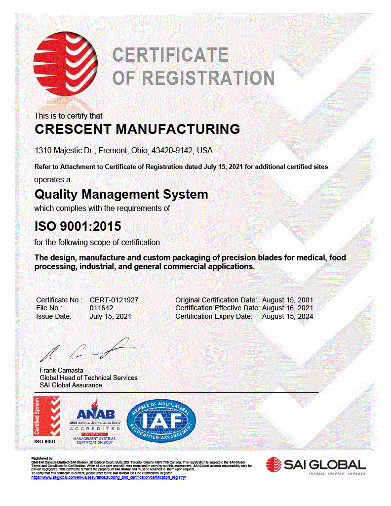 Crescent Blades ISO Certified